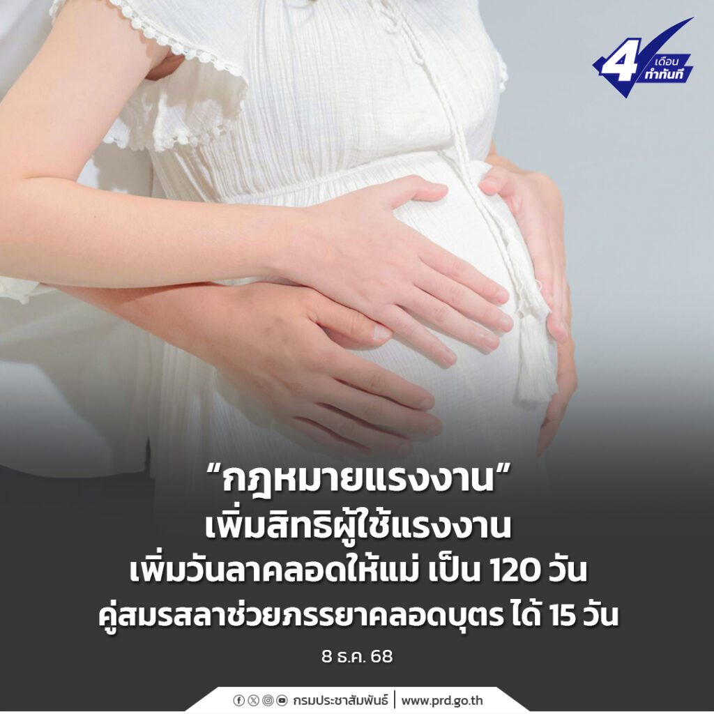 &ldquo;กฎหมายแรงงาน&rdquo; เพิ่มสิทธิผู้ใช้แรงงาน เพิ่มวันลาคลอดให้แม่ เป็น 120 วัน คู่สมรสลาช่วยภรรยาคลอดบุตร ได้ 15 วัน