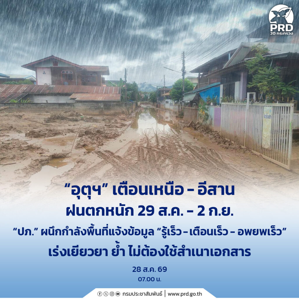 &ldquo;อุตุฯ&rdquo; เตือนเหนือ &ndash; อีสาน ฝนตกหนัก 29 ส.ค. &ndash; 2 ก.ย. &ldquo;ปภ.&rdquo; ผนึกกำลังพื้นที่แจ้งข้อมูล &ldquo;รู้เร็ว เตือนเร็ว  อพยพเร็ว&rdquo; เร่งเยียวยา ย้ำ ไม่ต้องใช้สำเนาเอกสาร