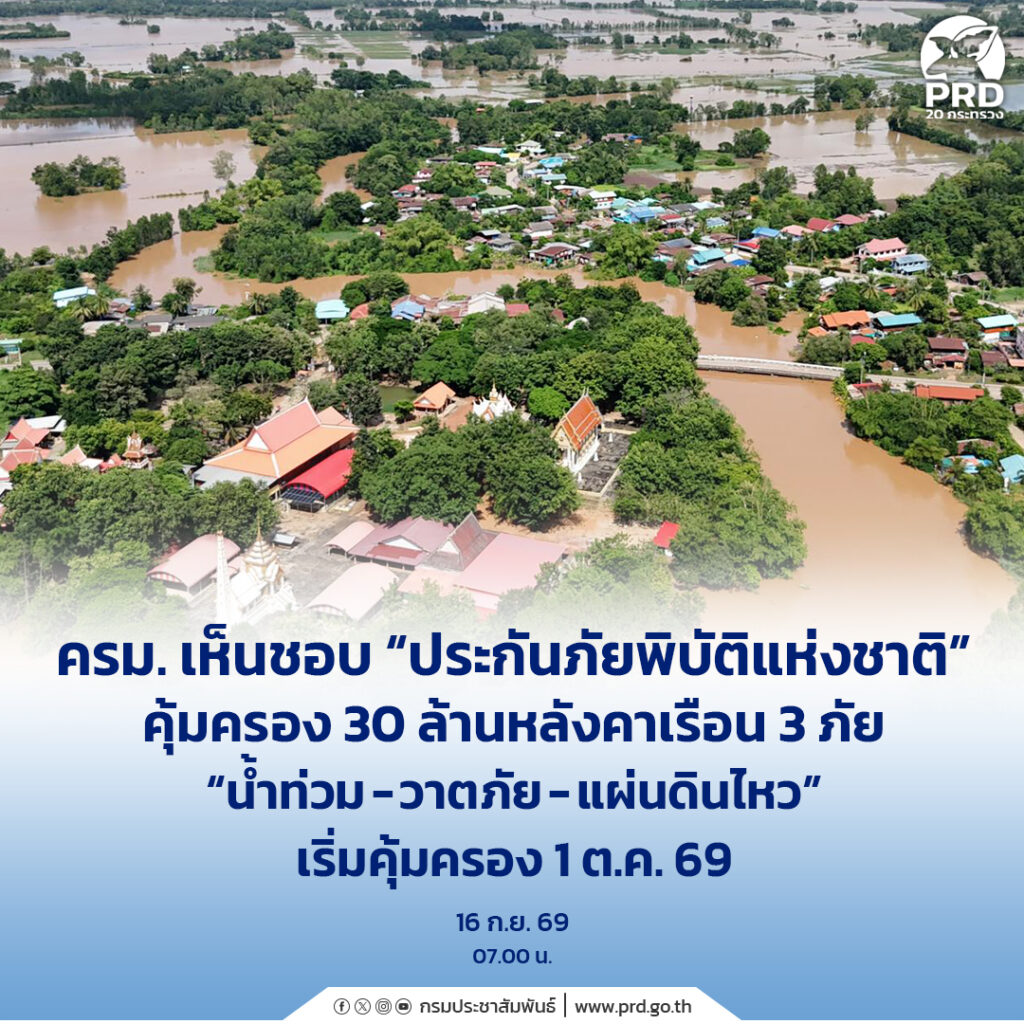 ครม. เห็นชอบ &ldquo;ประกันภัยพิบัติแห่งชาติ&rdquo; คุ้มครอง 30 ล้านหลังคาเรือน 3 ภัย &ldquo;น้ำท่วม วาตภัยแผ่นดินไหว&rdquo; เริ่มคุ้มครอง 1 ต.ค. 69